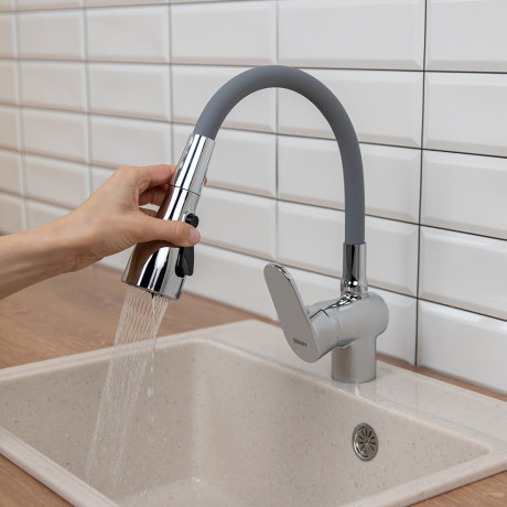 RAIN Смеситель для кухни Веста, силиконовый излив, 3 режима, картридж 40мм, латунь, серый/хром