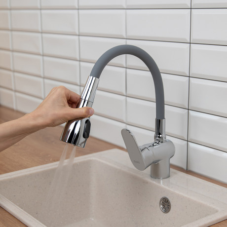 RAIN Смеситель для кухни Веста, силиконовый излив, 3 режима, картридж 40мм, латунь, серый/хром