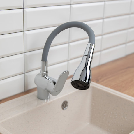 RAIN Смеситель для кухни Веста, силиконовый излив, 3 режима, картридж 40мм, латунь, серый/хром