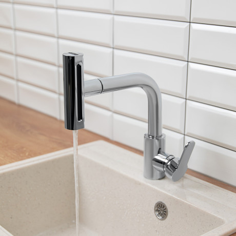 СоюзКран Смеситель для кухни, выдв. излив 4 реж., кер. картридж 35мм, нерж. сталь, хром SS01-T132