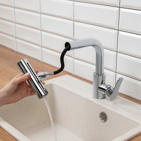 СоюзКран Смеситель для кухни, выдв. излив 4 реж., кер. картридж 35мм, нерж. сталь, хром SS01-T132