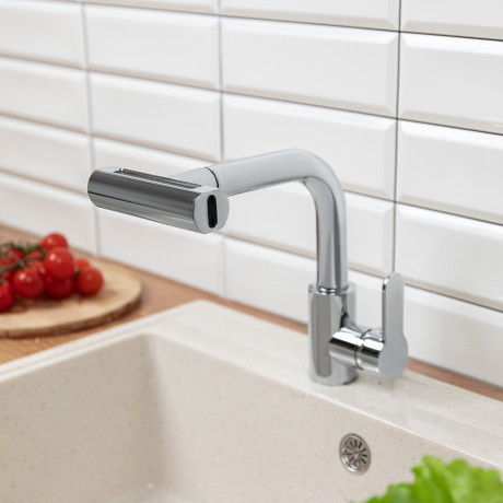 СоюзКран Смеситель для кухни, выдв. излив 4 реж., кер. картридж 35мм, нерж. сталь, хром SS01-T132