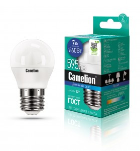 Camelion Шар G45 E27 7W(595lm 220°) 6500K 6K матов. 82x45 пластик LED7-G45/865/E27