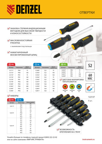 Отвертка, PH1х100 мм, S2, 3к рукоятка Denzel