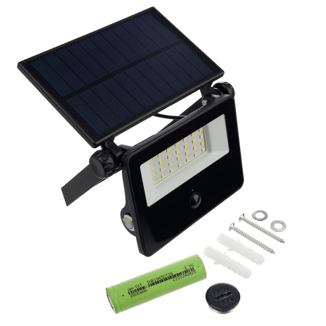 BY Светильник-прожектор с дат. движ., солн. панелью, 20LED, 1600Лм, 3000мАч, IP54, пластик, стекло,2