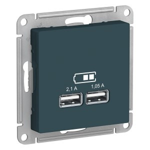 Systeme Electric AtlasDesign мех роз СУ 1 мест 2хUSB изумруд A+A Iв=1,05-2,1А Uв=5В(пл осн)ATN000833