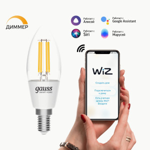 Gauss Filament Свеча C35 E14 димм. 4.5W(470lm) 2700К 2K проз филам(нитевид) Wi-Fi Smart Home 1230112