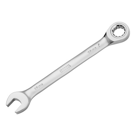 Ключ комбинированный трещоточный, 15 мм, CrV, матовый хром Denzel