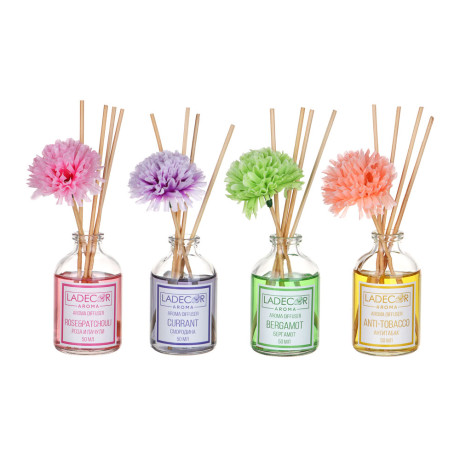 LADECOR Аромадиффузор с палочками и декором, 50мл, ароматы розы-пачули/бергамот/смородины/анти-табак