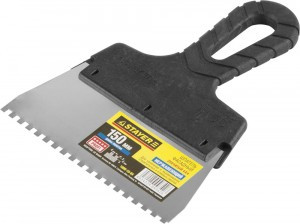 Шпатель STAYER "PROFESSIONAL" нержавеющий зубчатый с пластмассовой ручкой, 150мм, зуб 4х4мм