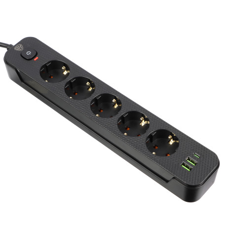 Удлинитель 5 гнезд 3м, BY, с зазем. + 2USB+ 1type C с защитой, с выкл.черн карбон сеч провода 1мм