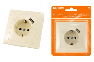 TDM Таймыр роз. 1 мест. 16A + USB порт 2,1А 5В сл.кость (земля, шторки, керам.осн.) SQ1814-0140