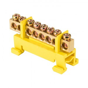 EKF Шина N "Ноль" (нул.) PE 6х9мм 14 отв. латунь желтый изолятор тип "Стойка" на DIN-рейку PROxima s
