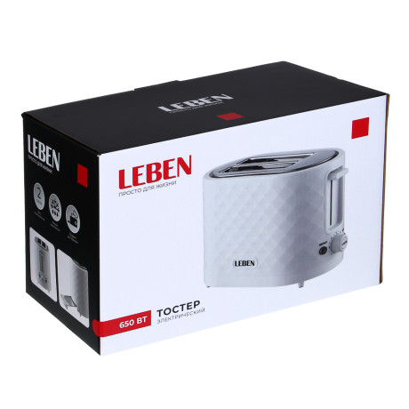 LEBEN Тостер, 650 Вт, 2 слота, режим разморозки, поддон для крошек, пластик, металл, белый