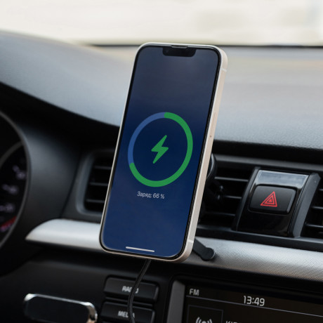 BY Держатель телефона на дефлектор с беспроводной зарядкой, 15Вт, магн.креп.MAG, прозр.стекл.панель