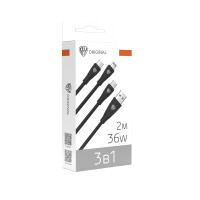 Кабель для зарядки 3в1 USB(A)-Type C/microUSB/iP BY Nylon Pro, 36Вт, 2 м, 3A, нейлон, черный