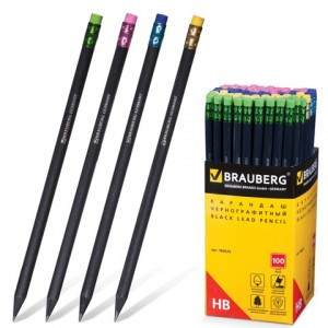 Карандаш ч/гр BRAUBERG, 1 шт., "Black Wood", НВ, черное дерево, чер., c резинкой ассорти, 180629