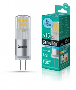 Camelion G4 12V 5W(415lm 330°) 4500K 4K прозр. 45x13 пластик/алюм LED5-G4-JC-NF/830/G4
