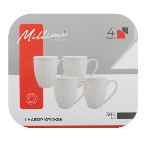 MILLIMI Набор кружек 4 шт, 380мл., белый рельеф, фарфор