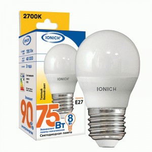 IONICH шар G45 E27 8W(720lm) 2700К 2K 45x80 матов./пластик/алюм ILED-SMD2835-G45 1544