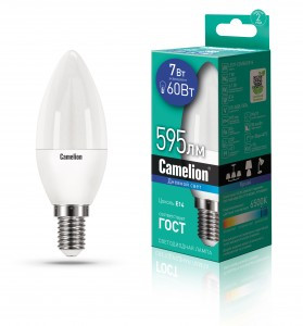 Camelion Свеча E14 7W(595lm 220°) 6500K 6K матов. 100x37 пластик LED7-C35/865/E14