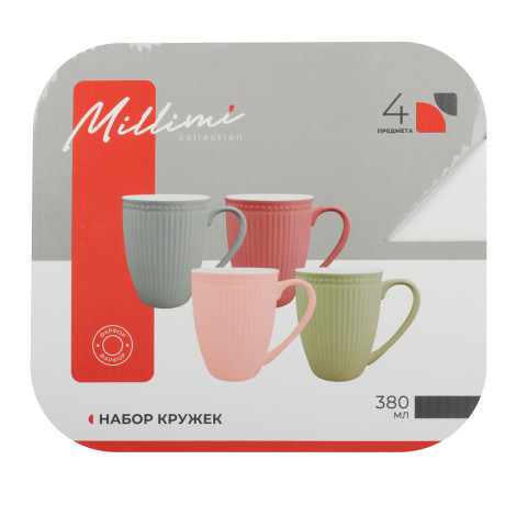 MILLIMI Набор кружек 4 шт, 380мл., цвет.однотон.рельеф, фарфор