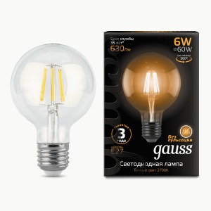 Gauss Filament лампа Шар G95 E27 6W(630lm) 2700K 2K 143x95  филамент (нитевидная), прозр. 105802106