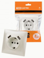 TDM Лама роз. СУ 1 мест., земля 16А 250В + 2 USB порта 2,1А 5В перламутр SQ1815-0842