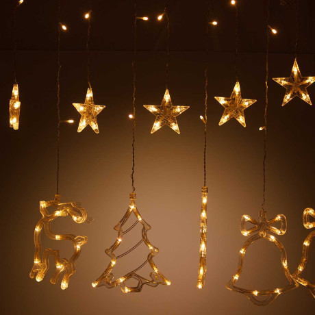 Гирлянда дождь LLN-22-01 длин 3м СВЕТ ТЕПЛЫЙ БЕЛЫЙ. 12насадок 6-звезды-9см, 2-колокольчика-18см,2-Оленя-18см,2-Елки-20см. Длина нитей 0,45/0,7м