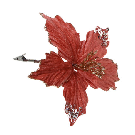 СНОУ БУМ Пуансетия 15 см на прищепке (5 лепестков), глиттер, металл, полиэстер, 26-699