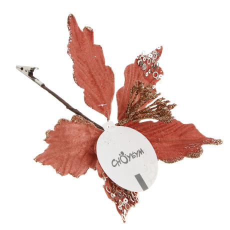 СНОУ БУМ Пуансетия 15 см на прищепке (5 лепестков), глиттер, металл, полиэстер, 26-699