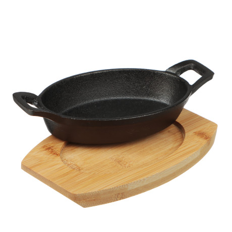 SATOSHI Сковорода мини на подставке из бамбука чугун, овальная, 15х9.8см, индукция