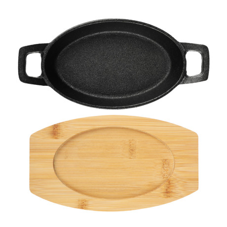 SATOSHI Сковорода мини на подставке из бамбука чугун, овальная, 15х9.8см, индукция