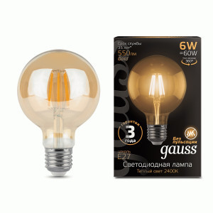 Gauss Filament Шар G95 E27 6W(550lm) 2400K 2K 143x95 золотая, филамент (нитевид.), прозр. 105802006