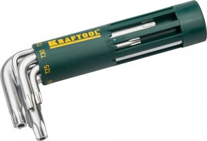 Набор KRAFTOOL Ключи "EXPERT" имбусовые короткие, Cr-Mo сталь, держатель-рукоятка, TORX Hole, T10-T5