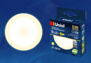 Uniel GX53 св/д 8W(670lm) 2700K 2K 75x28 матовая LED-GX53-8W/WW/GX53/FR PLZ01WH