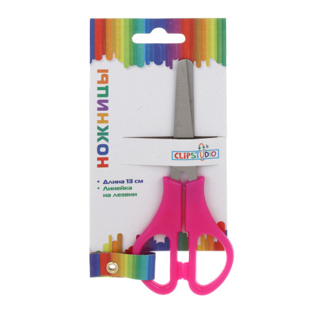 Ножницы школьные ClipStudio 13см с линейкой, пластиковые ручки, 3 цвета, на карточке с подвесом