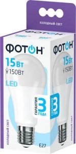 ФОТОН лампа св/д груша A60 E27 15W(1425lm) 6500K 6K без пульсации 120x60 3г арт.23394