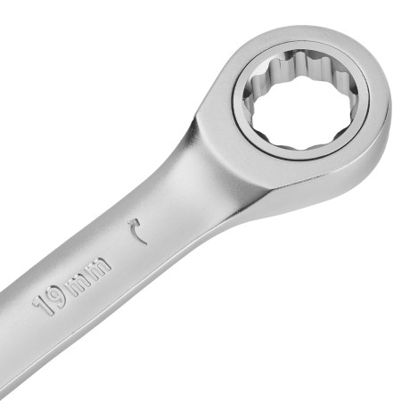 Ключ комбинированный трещоточный, 19 мм, CrV, матовый хром Denzel