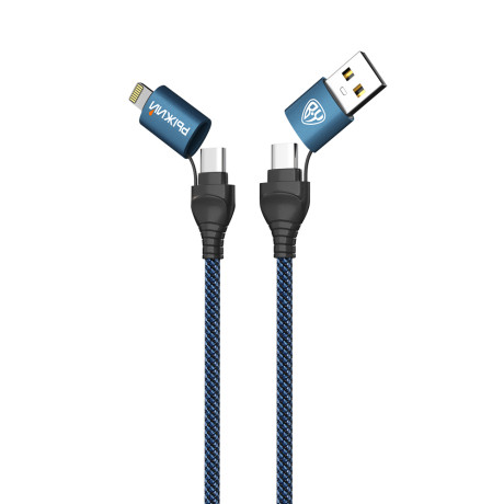 BY Рыжий Кабель для зарядки Diverse 4в1 USB/iP/microUSB/Type-C, 1м, 3А, PD 65W, тканевый, черный