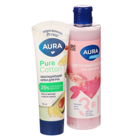 Подарочный набор женский AURA: Гель д/душа Цветочный коктейль 250мл+Крем д/рук Обогащающий, 75мл