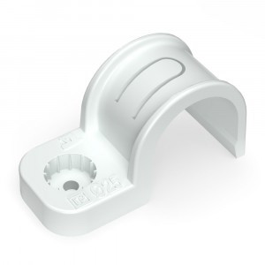 Промрукав скоба пластик. однолапк. ПМ (под монт. пист.) белая в п/э d 25 (уп. 50шт, цена за 1шт) PR1