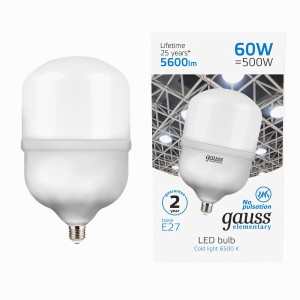 Gauss Elementary лампа высокомощн. T160 E27 60W(5600lm) 6500K 6K 276х161 матовая пластик/алюм. 63236
