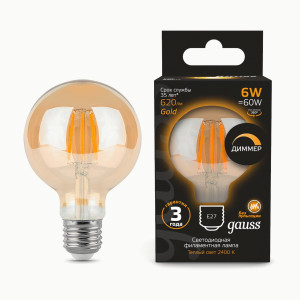 Gauss лампа св/д Filament G95 E27 6W(620lm) 2400K 2K диммир. 135x95 филам(нитевид) золото105802006-D