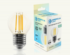 Ambrella лампа св/д шар G45 E27 15W(1320lm) 4000K 4K 45х72 филамент (нитевидная) 451524