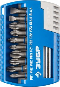 Набор ЗУБР Биты "ЭКСПЕРТ" с магнитным адаптером, Cr-Mo, PH1, PH2 (2шт), PH3, PZ1, PZ2 (2шт), PZ3, SL