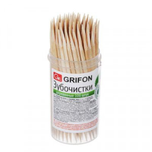 GRIFON Зубочистки из дерева 100шт, в пластиковой баночке, 400-002