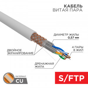 REXANT Кабель витая пара S/FTP, 4х2х0,575 23AWG, Сat6A, серый, 305м PRO 02-0325