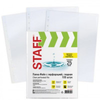 Папки-файлы перфорированные А4 STAFF &quot;Clear&quot;, КОМПЛЕКТ 100 шт., гладкие, 25 мкм, 228504