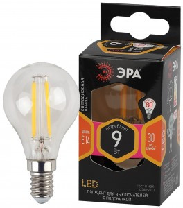 ЭРА F-LED шар G45 E14 9W(770Lm) 2700K 2K филамент (нитевидная) прозр. 75х45 P45-9W-827-E14 4895